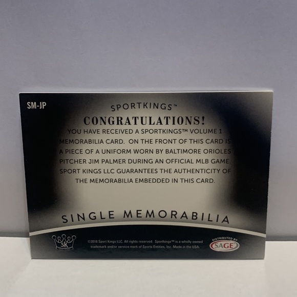 2018 SAGE SPORT KINGS JIM PALMER GAME USED/WORN RELIC #SM-JP IP AUTO (MISC7) - Picture 2 of 3